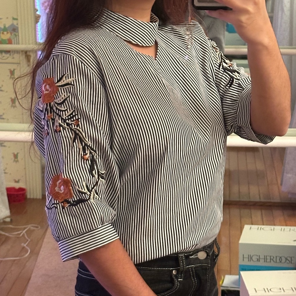 Striped Blouse with Flowers Embroidered Sleeves